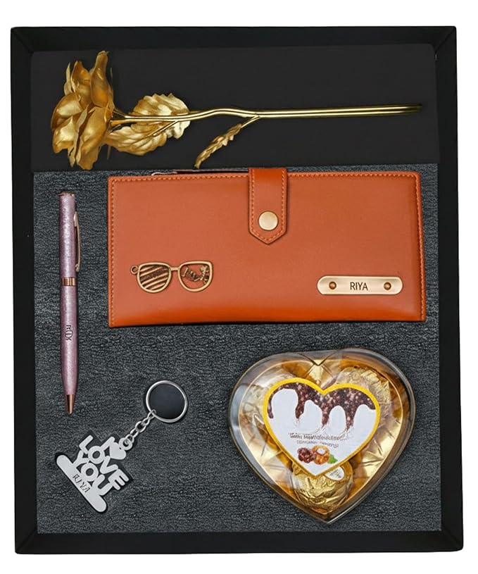 Personalized Gift for Women with Name Wallet, Golden Rose, Pen, Keychain