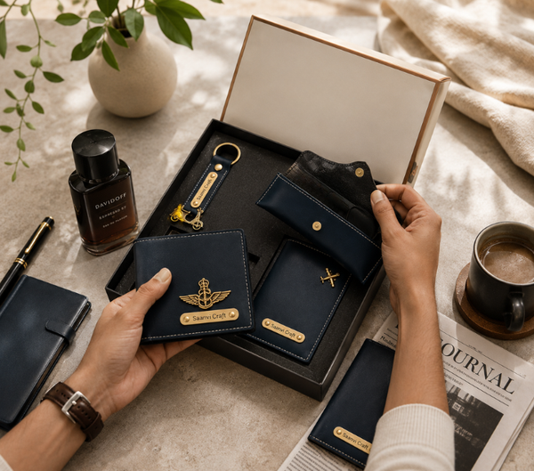 Personalized Travel Gift Hamper – Wallet, Keychain, Passport Cover & Sunglasses Case
