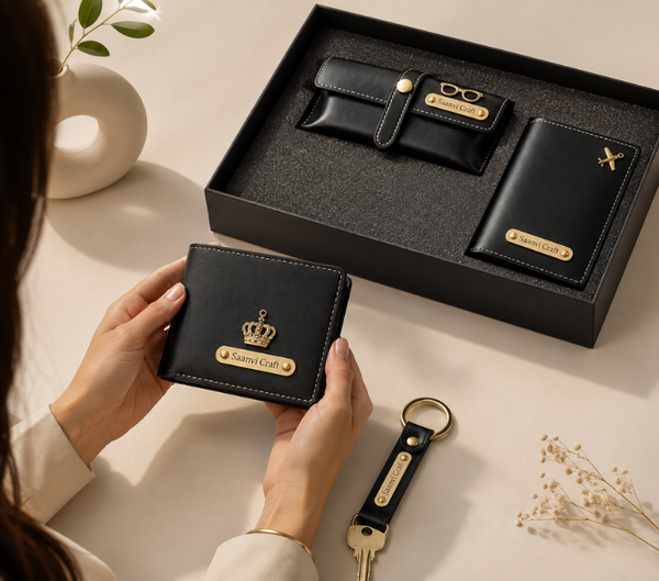 Personalized Gift Hamper – Wallet, Keychain, Passport Cover & Sunglasses Case, Classic Edition