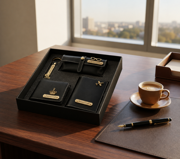 Personalized Gift Hamper – Wallet, Keychain, Passport Cover & Sunglasses Case, Classic Edition