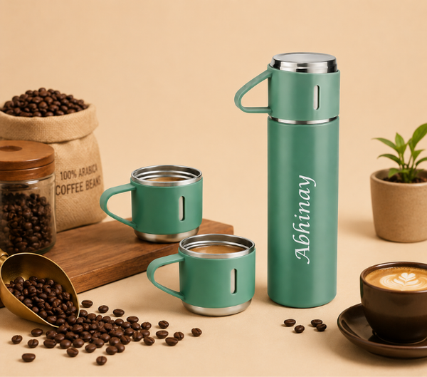 Personalized Bottle & Mug Gift Set – Name-Printed Bottle with 2 Mugs, Classic Colours