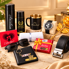 Luxury Personalized Black Birthday Gift Hamper for Men – Watch, Sunglasses, Wallet, Belt, Mug & Perfume Gift Set