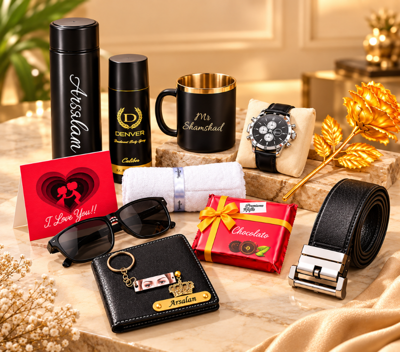 Luxury Personalized Black Birthday Gift Hamper for Men – Watch, Sunglasses, Wallet, Belt, Mug & Perfume Gift Set