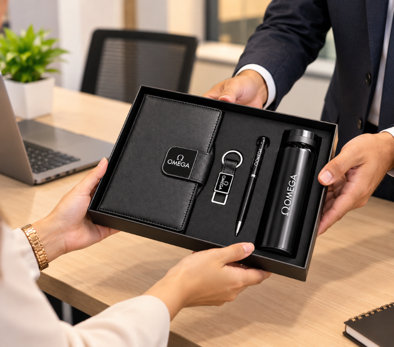 Premium Corporate Gift Set – PU Notebook, Stainless Steel Flask, Pen & Keychain | Models 3099–3102
