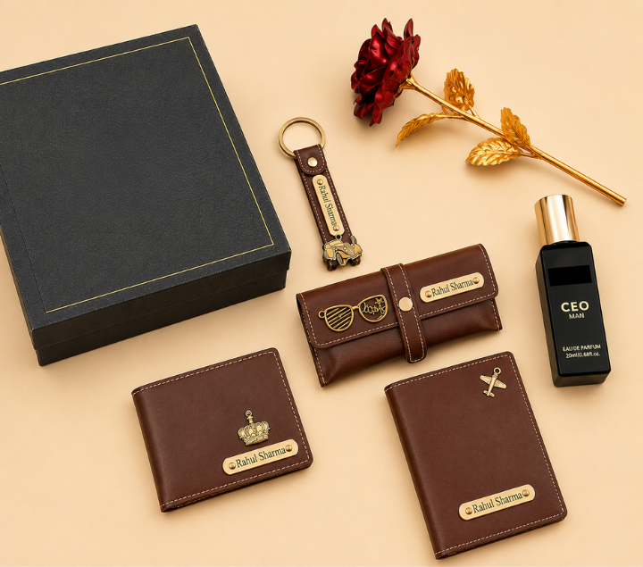 Personalized Gift Set – Wallet, Keychain, Sunglasses Case, Perfume, Rose & Passport Cover