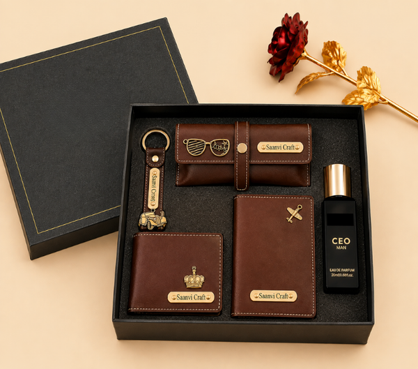 Personalized Gift Set – Wallet, Keychain, Sunglasses Case, Perfume, Rose & Passport Cover