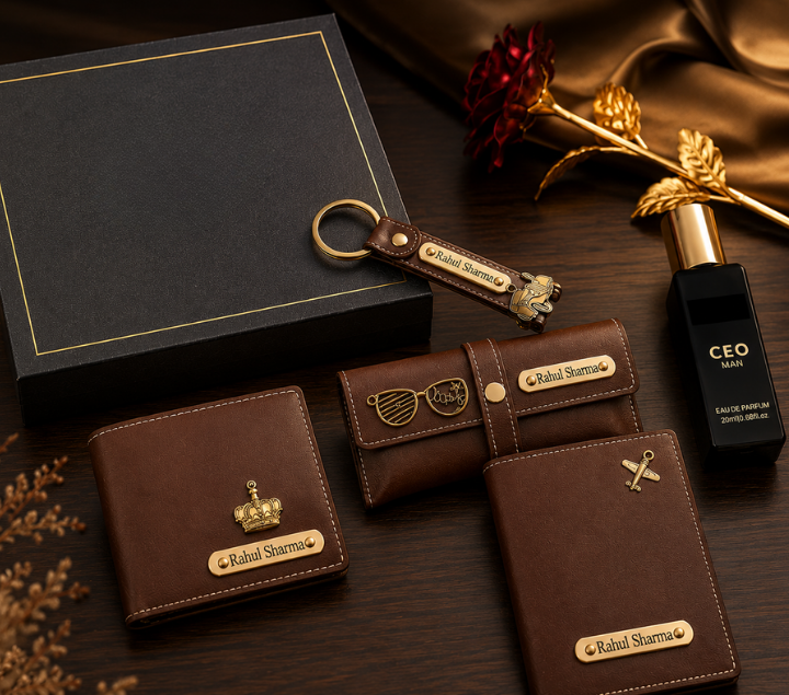 Personalized Gift Set – Wallet, Keychain, Sunglasses Case, Perfume, Rose & Passport Cover