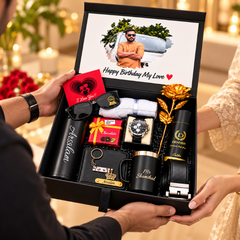 Luxury Personalized Black Birthday Gift Hamper for Men – Watch, Sunglasses, Wallet, Belt, Mug & Perfume Gift Set