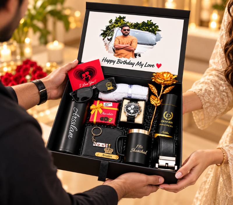 Luxury Personalized Black Birthday Gift Hamper for Men – Watch, Sunglasses, Wallet, Belt, Mug & Perfume Gift Set