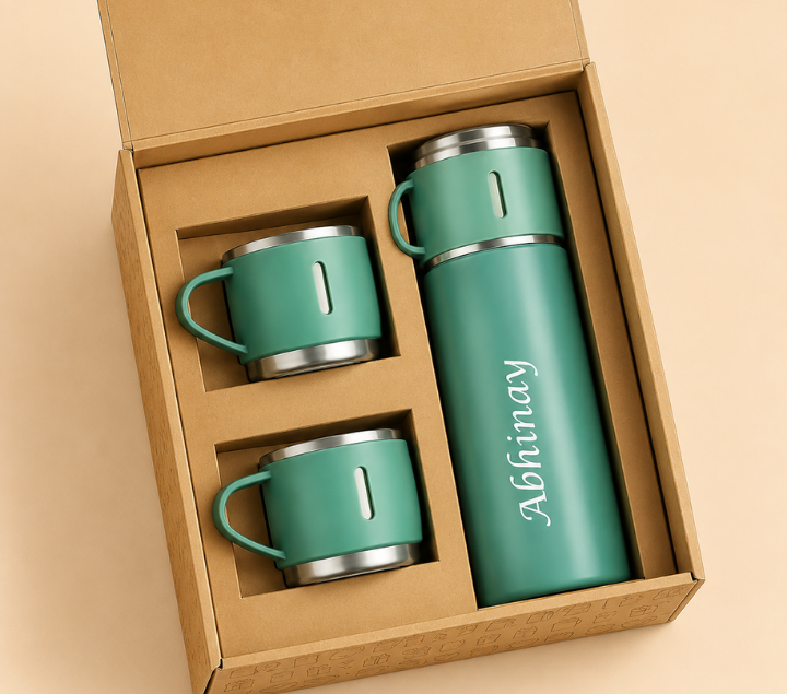Personalized Bottle & Mug Gift Set – Name-Printed Bottle with 2 Mugs, Assorted Colours