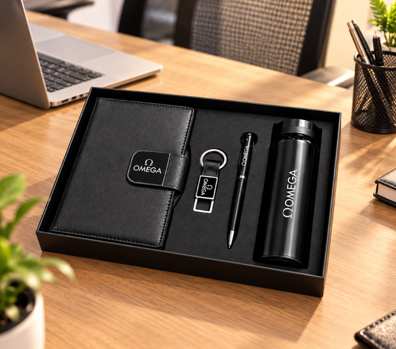 Premium Corporate Gift Set – PU Notebook, Stainless Steel Flask, Pen & Keychain | Models 3099–3102