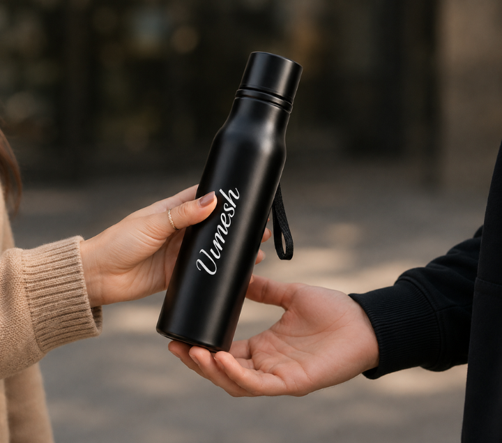 Personalized 500ml Steel Water Bottle – Custom Name, Blue & Black