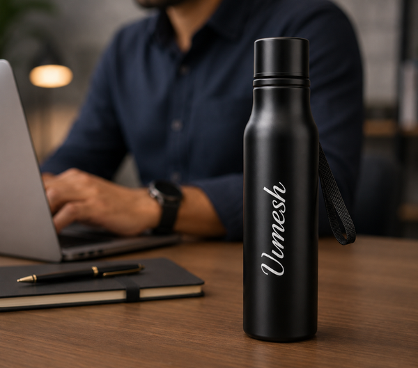 Personalized 500ml Steel Water Bottle – Custom Name, Blue & Black