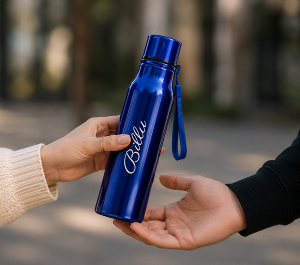 Personalized 500ml Steel Water Bottle – Custom Name, Blue & Black