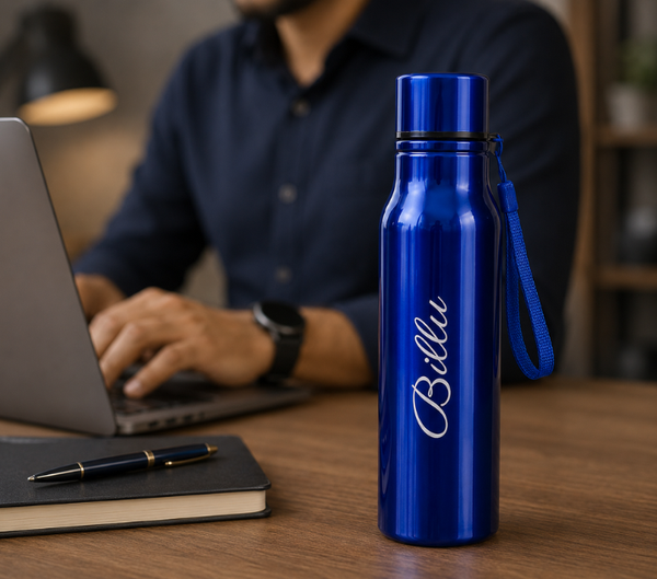 Personalized 500ml Steel Water Bottle – Custom Name, Blue & Black