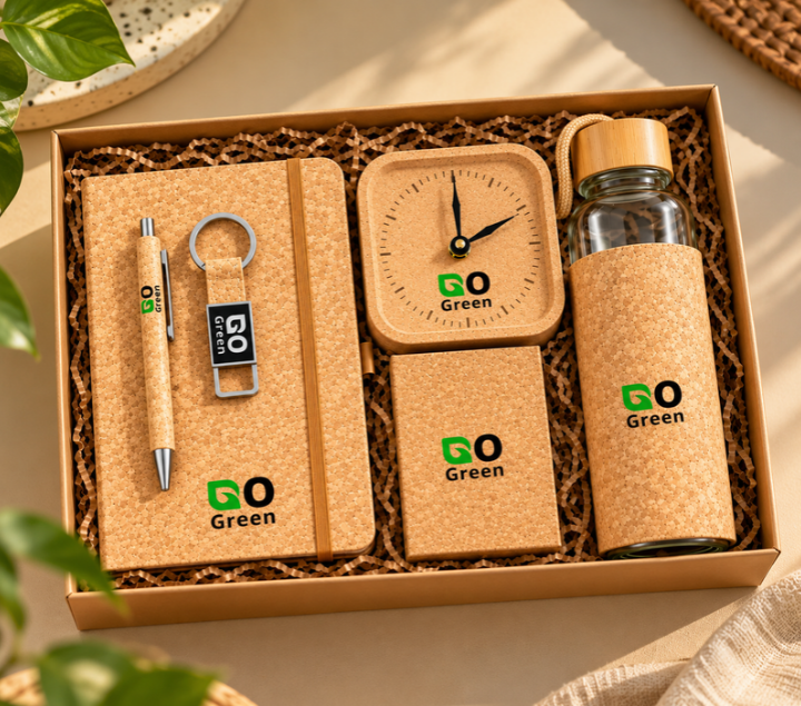 Eco-Friendly Cork Gift Set with Notebook, Bottle, Clock, Pen & Keychain