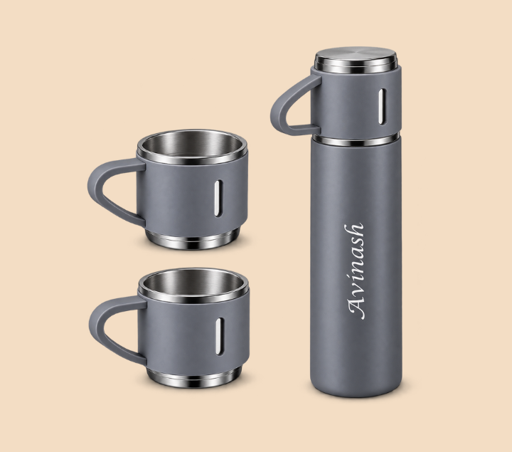 Personalized Bottle & Mug Gift Set – Name-Printed Bottle with 2 Mugs, Assorted Colours