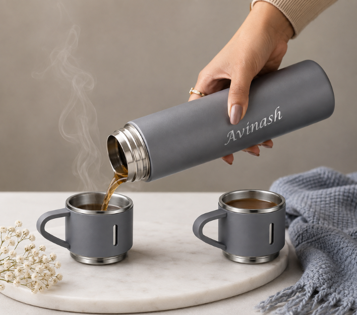 Personalized Bottle & Mug Gift Set – Name-Printed Bottle with 2 Mugs, Classic Colours