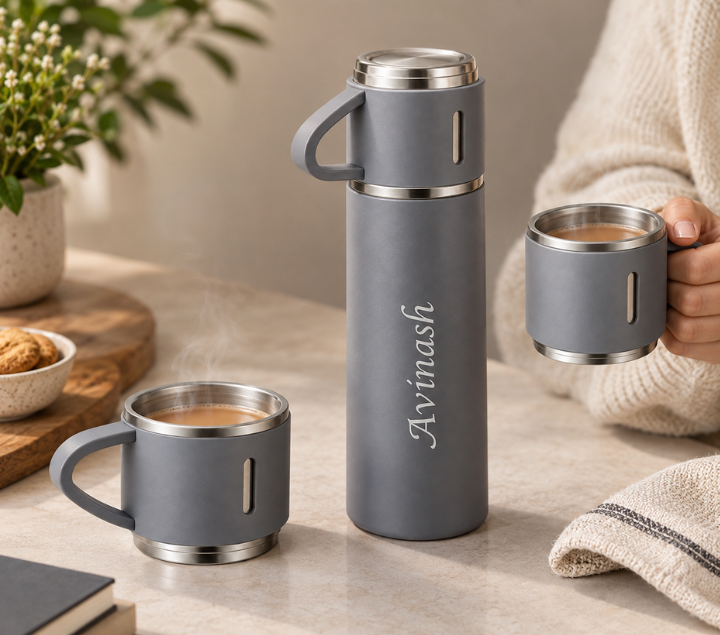 Personalized Bottle & Mug Gift Set – Name-Printed Bottle with 2 Mugs, Multicolour