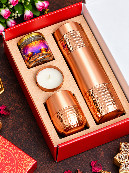 Premium Copper Diwali Gift Set with Bottle, Glasses, Candle & Decorative Jar