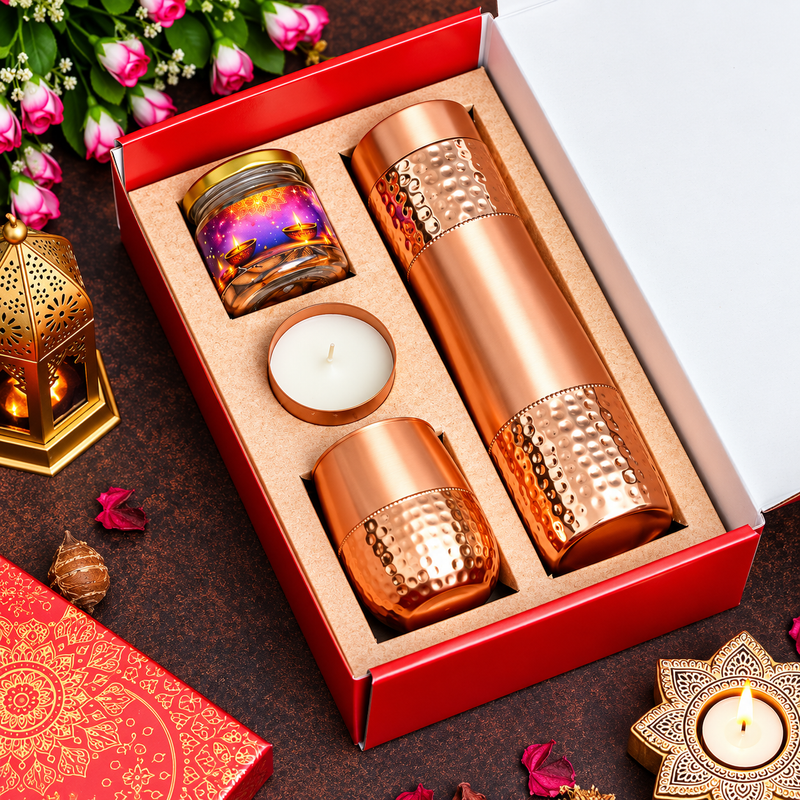 Premium Copper Diwali Gift Set with Bottle, Glasses, Candle & Decorative Jar