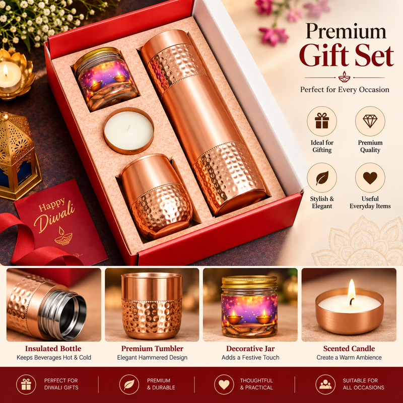Premium Copper Diwali Gift Set with Bottle, Glasses, Candle & Decorative Jar
