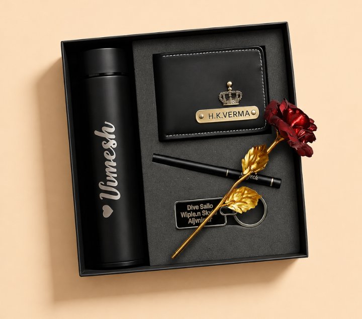 Personalized Gift Hamper Set – Wallet, Bottle, Pen & Keychain
