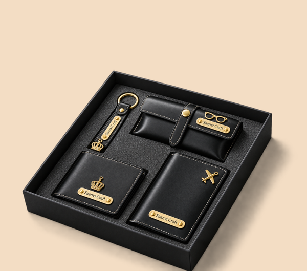 Personalized Gift Hamper – Wallet, Keychain, Passport Cover & Sunglasses Case, Classic Edition