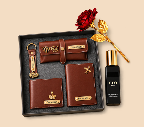 Personalized Gift Set – Wallet, Keychain, Sunglasses Case, Perfume, Rose & Passport Cover