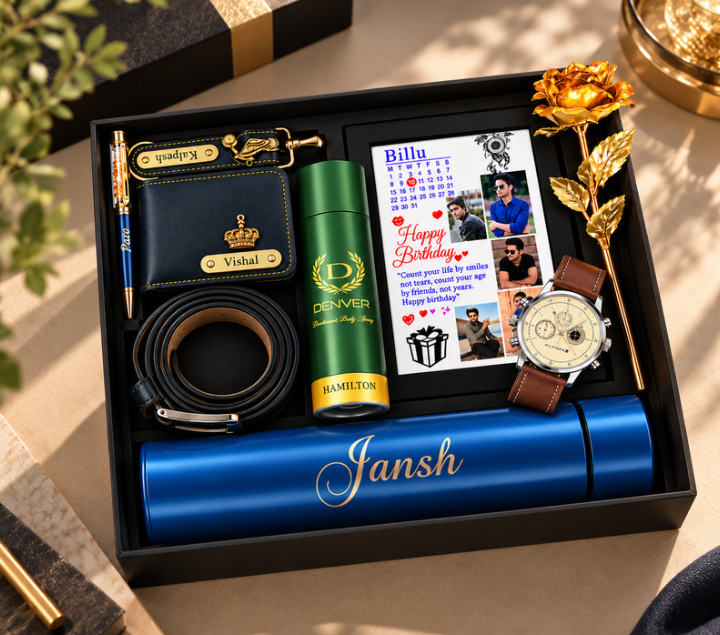 Personalized Gift Hamper Set – Watch & Keychain, Black