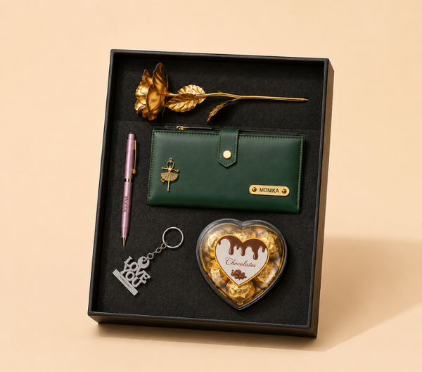 Personalized Gift Hamper for Her – Wallet, Pen, Keychain, Chocolate & Rose, Assorted Colours