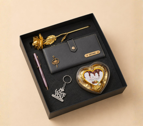 Personalized Gift Hamper for Her – Wallet, Pen, Keychain, Chocolate & Rose, Assorted Colours