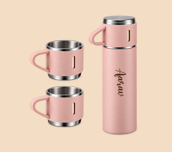 Personalized Bottle & Mug Gift Set – Name-Printed Bottle with 2 Mugs, Assorted Colours