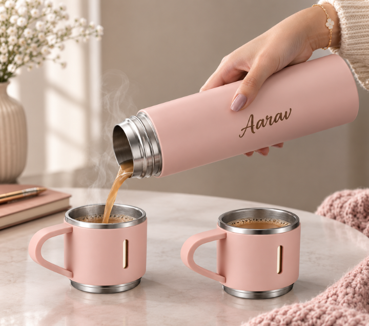 Personalized Bottle & Mug Gift Set – Name-Printed Bottle with 2 Mugs, Multicolour