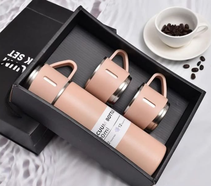 Personalized Bottle & Mug Gift Set – Name-Printed Bottle with 2 Mugs, Assorted Colours