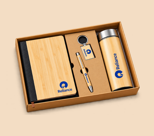 Premium Bamboo Corporate Gift Set with Notebook, Bottle, Pen & Keychain