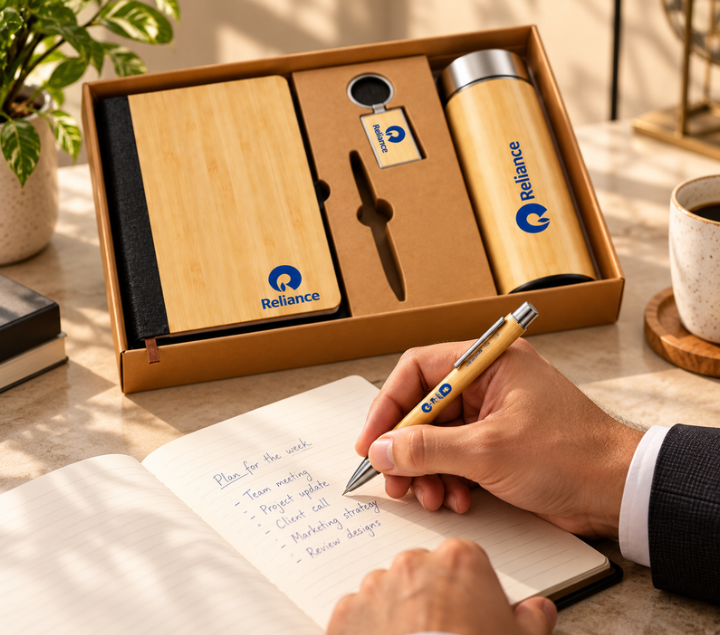 Premium Bamboo Corporate Gift Set with Notebook, Bottle, Pen & Keychain