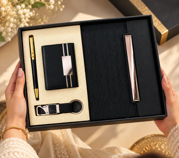 Premium Black Executive Gift Set with Notebook, Pen, Keychain & Organizer