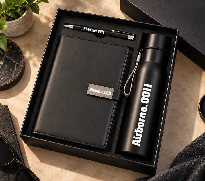 Premium Black Notebook & Insulated Bottle Gift Set with Personalized Pen