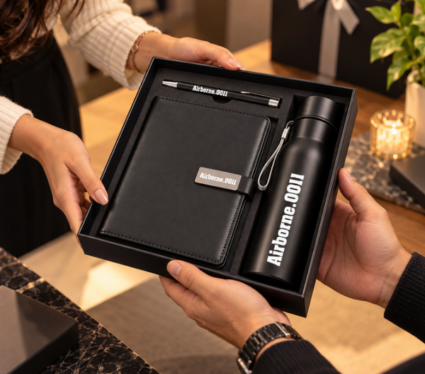Premium Black Notebook & Insulated Bottle Gift Set with Personalized Pen