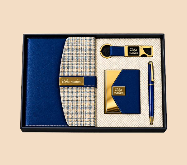 Premium Blue Executive Gift Set with Notebook, Pen, Card Holder & Keychain