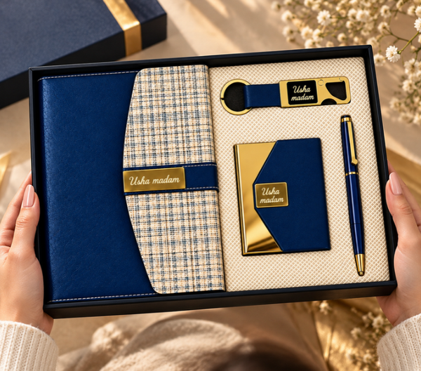 Premium Blue Executive Gift Set with Notebook, Pen, Card Holder & Keychain