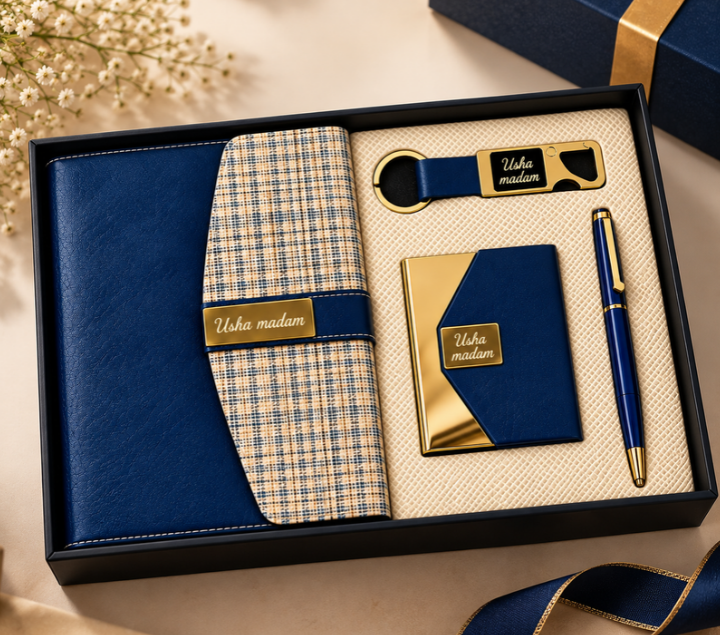 Premium Blue Executive Gift Set with Notebook, Pen, Card Holder & Keychain