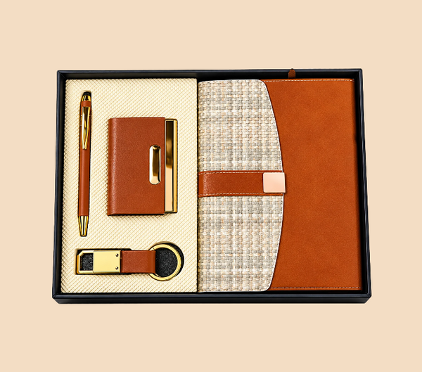 Premium Brown Executive Gift Set with Notebook, Pen, Card Holder & Keychain