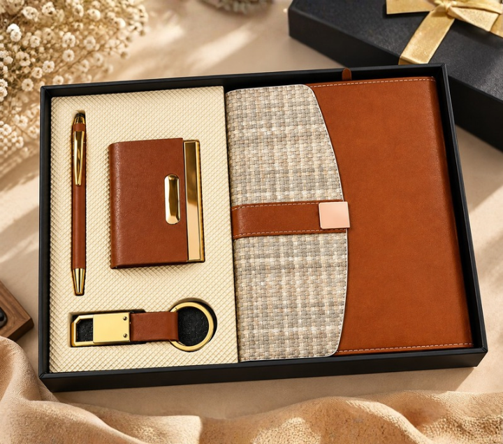 Premium Brown Executive Gift Set with Notebook, Pen, Card Holder & Keychain