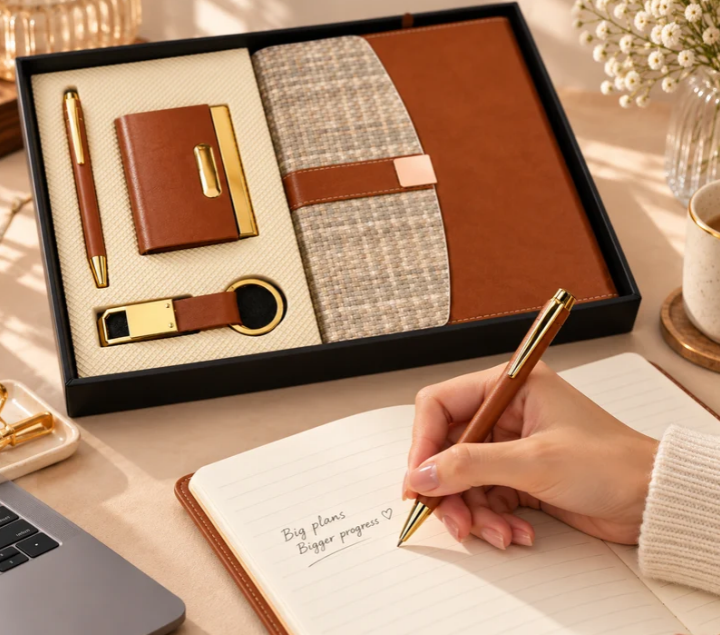 Premium Brown Executive Gift Set with Notebook, Pen, Card Holder & Keychain