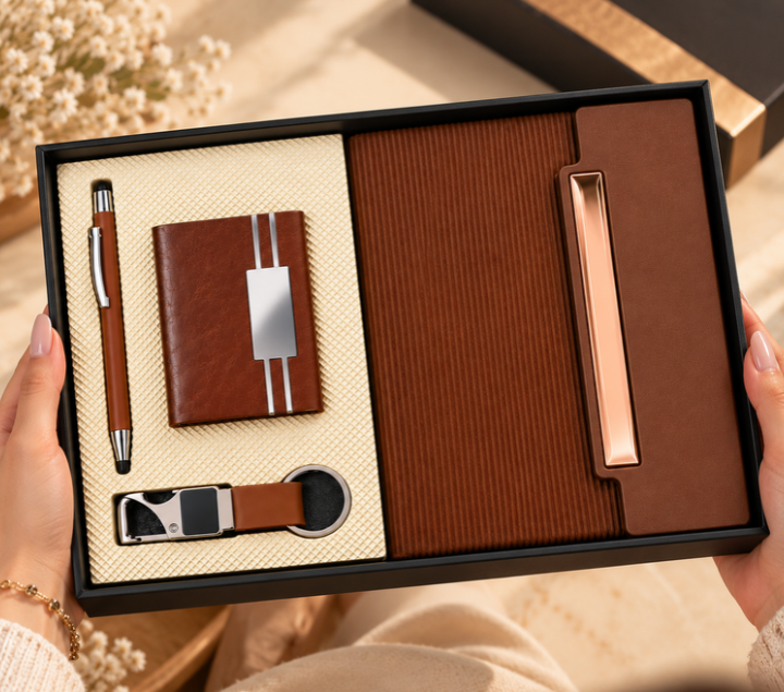 Premium Brown Executive Gift Set with Notebook, Pen, Keychain & Organizer
