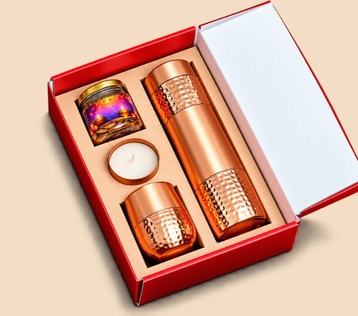 Premium Copper Diwali Gift Set with Bottle, Glasses, Candle & Decorative Jar