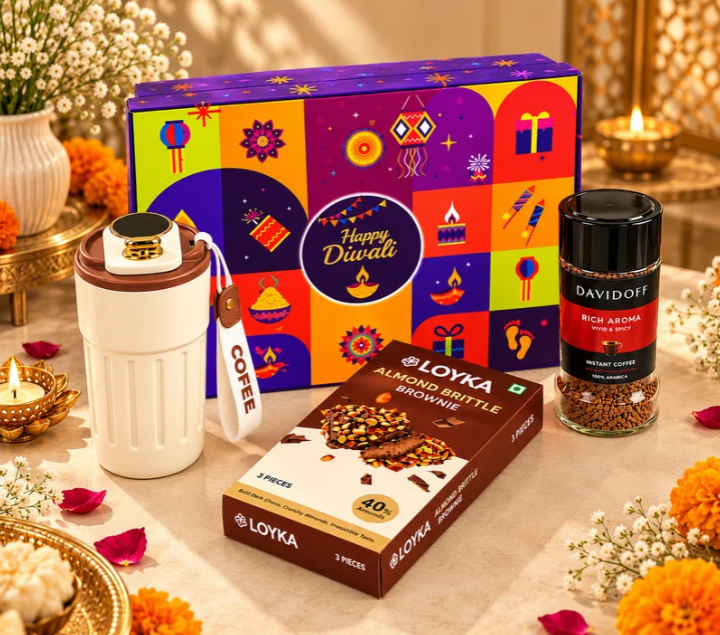 Premium Diwali Gift Hamper with Coffee, Travel Mug & Almond Brittle