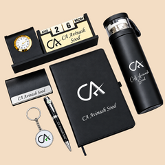 Premium Personalized Executive Gift Set with A5 Notebook, Thermos Bottle, Pen, Keychain & Desk Clock
